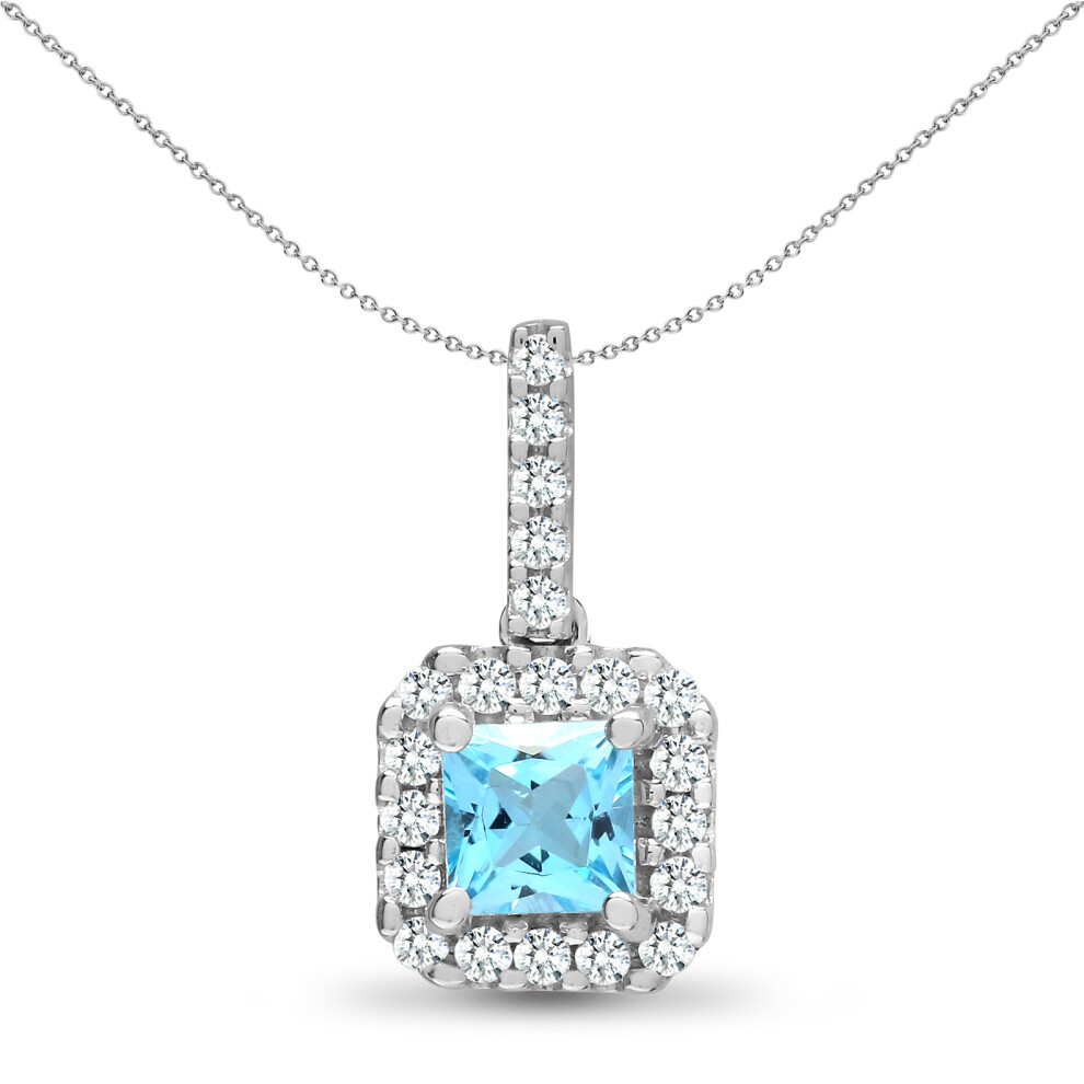 Jewelco London 18ct White Gold 4 Claw Set G SI 0.17ct Diamond and Princess Blue 0.43ct Topaz Square Halo Cluster Pendant - 18P212