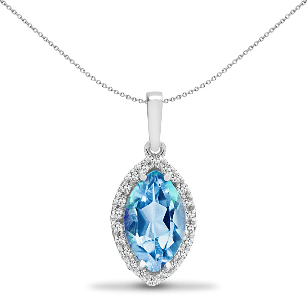 Jewelco London 18ct White Gold 4 Claw G SI 0.1ct Diamond and Marquise Blue 2.35ct Topaz Teardrop Halo Cluster Pendant - 18P216