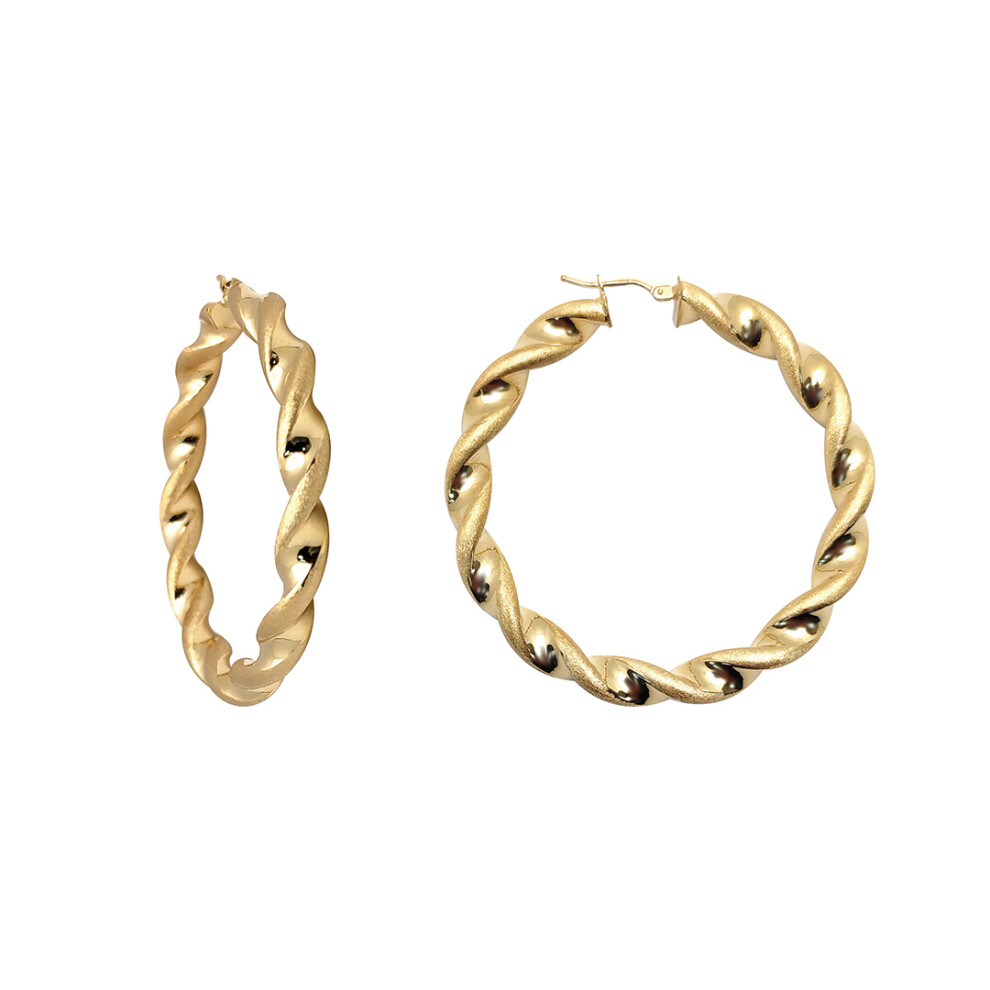 Jewelco London Ladies 9ct Yellow Gold Frosted Satin Chunky Twist 6mm Hoop Earrings 52mm - JER769A