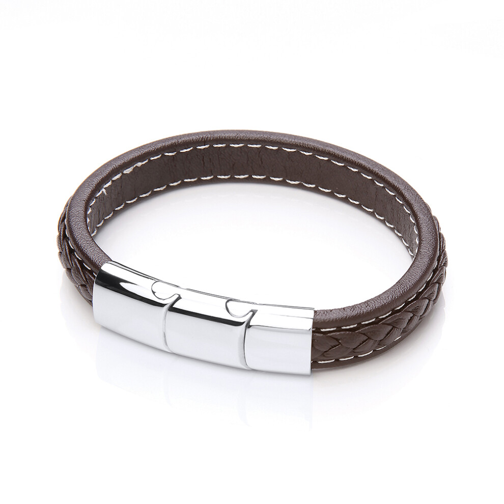 Jewelco London Mens Rhodium Plated Stainless Steel Brown Leather Platted Cuff Bracelet 12mm 8.5 inch - BRC151BRN