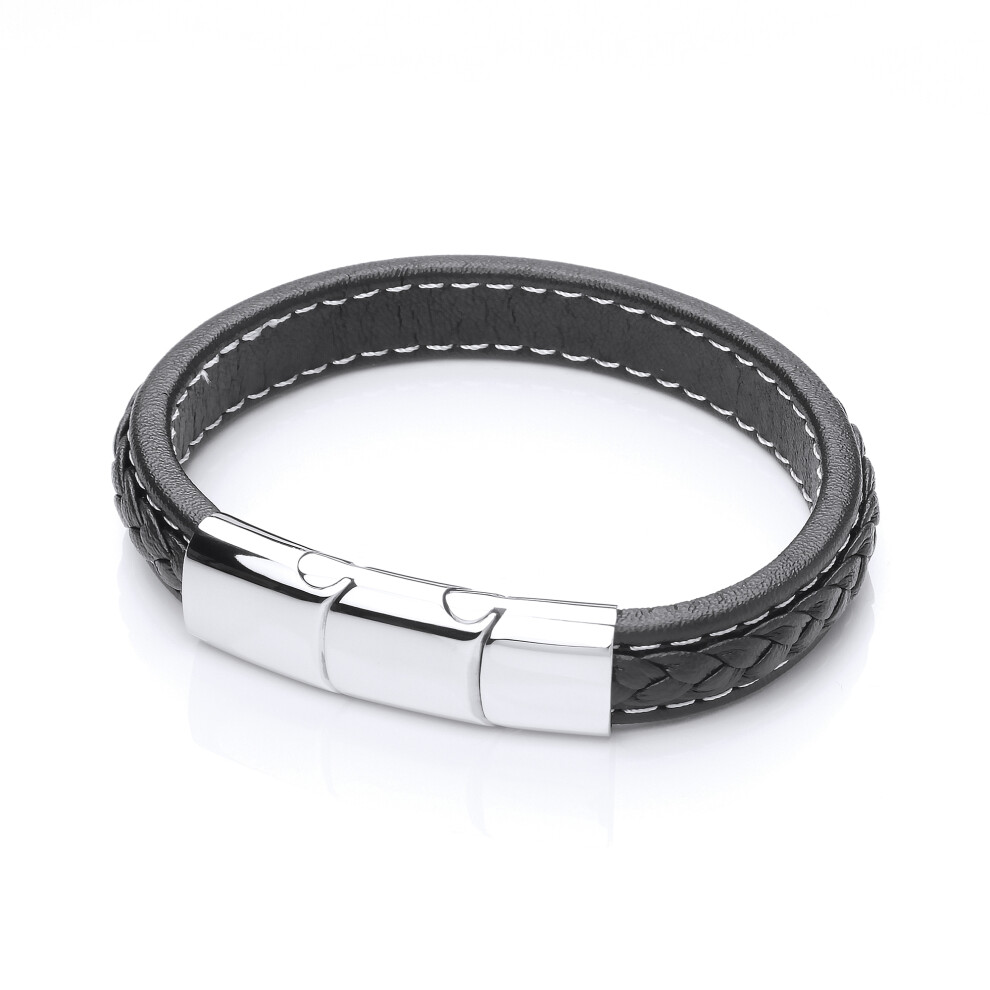 Jewelco London Mens Rhodium Plated Stainless Steel Black Leather Platted Cuff Bracelet 12mm - BRC151