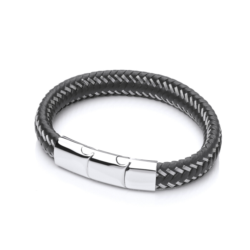 Jewelco London Mens Rhodium Plated Stainless Steel Black Leather Platted Cuff Bracelet 12mm 8.25-9 inch - BRC155BLK