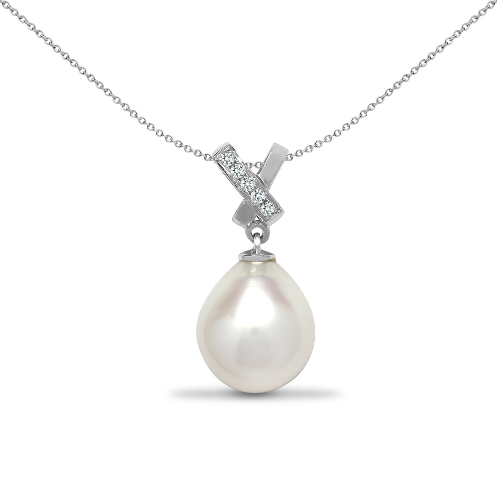 Jewelco London Ladies 18ct White Gold Channel Set Round G SI1 0.04ct Diamond and Teardrop Pearl V Bale Drop Pendant - 18P221