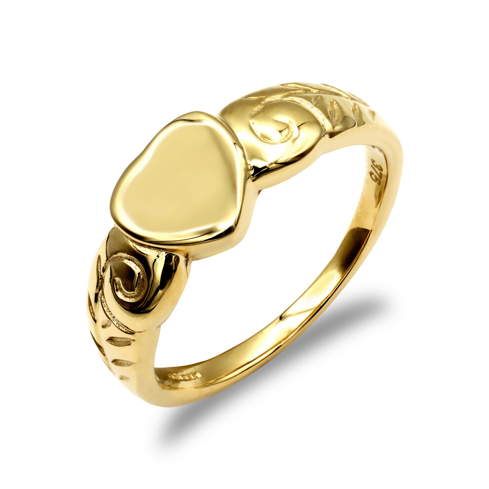 (J) Jewelco London Ladies Solid 9ct Yellow Gold Floral Scroll Heart Signet Ring