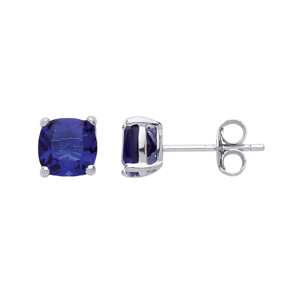 Jewelco London Ladies Sterling Silver Sapphire-Blue Cushion Cubic zirconia Double Gallery Solitaire Stud Earrings - CU6SAP