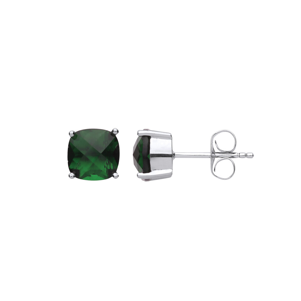 Silver  Green Cushion CZ Checkerboard Stud Earrings - GVE650EM