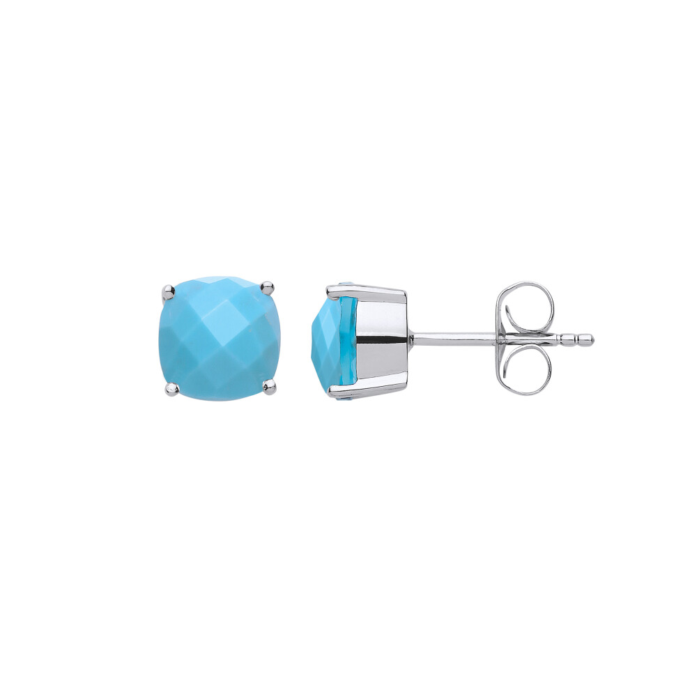 Jewelco London Ladies Sterling Silver Blue Cushion Turquoise Checkerboard Stud Earrings - GVE650TQ