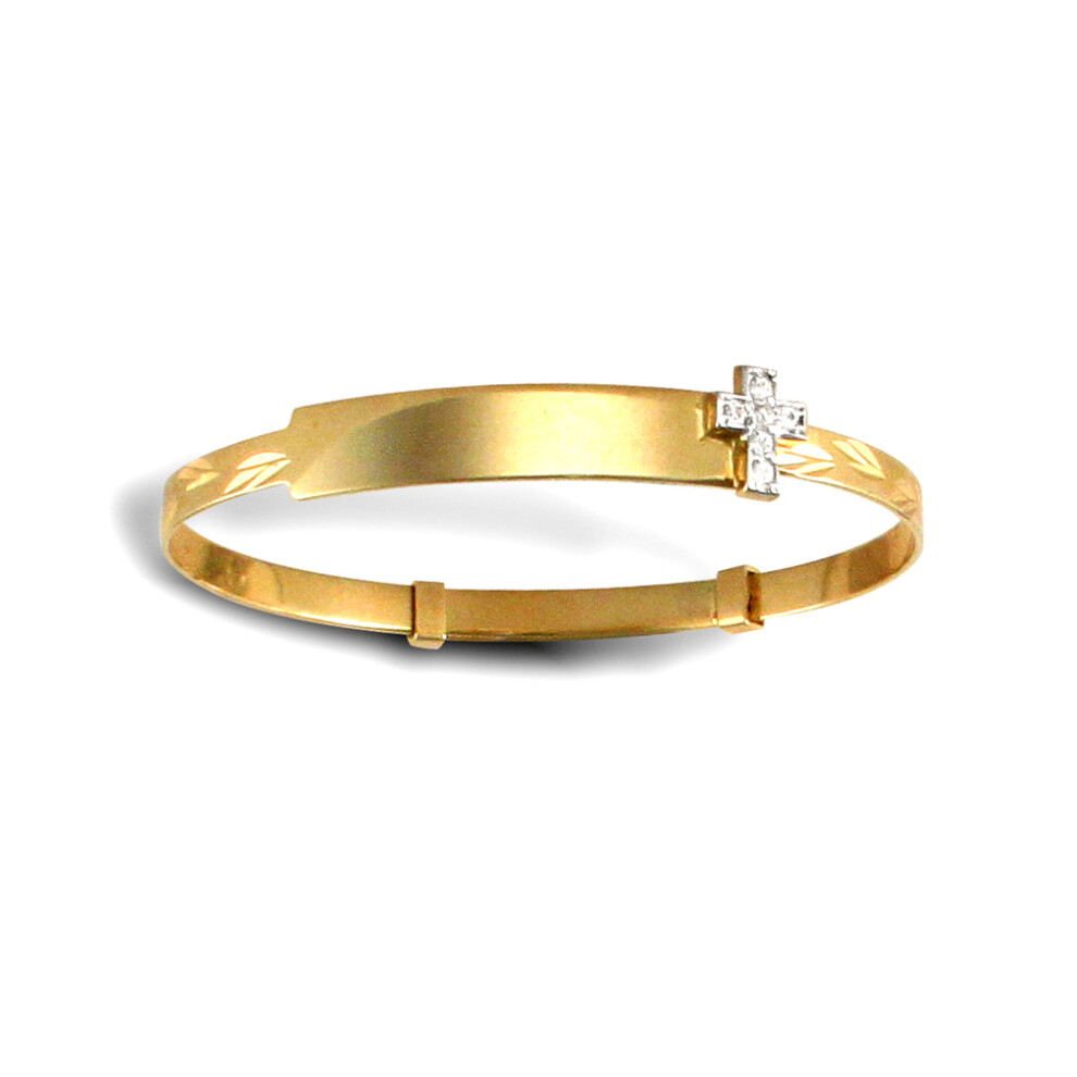 Jewelco London Kids Solid 9ct Yellow Gold White Round Brilliant Cubic Zirconia Cross ID 3mm Expanding Baby Bangle Bracelet - JKB054