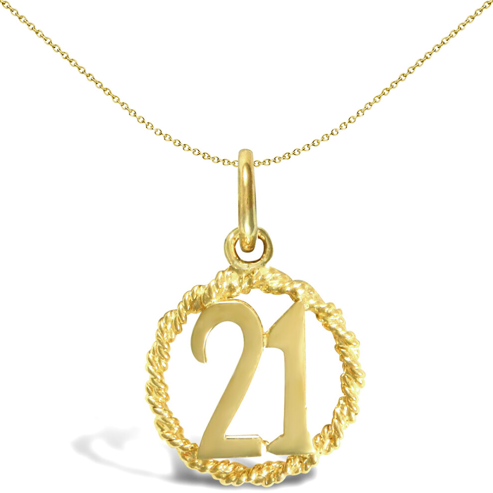 Jewelco London Ladies Solid 9ct Yellow Gold 21 Birthday Rope Ring Charm Pendant - JPD196