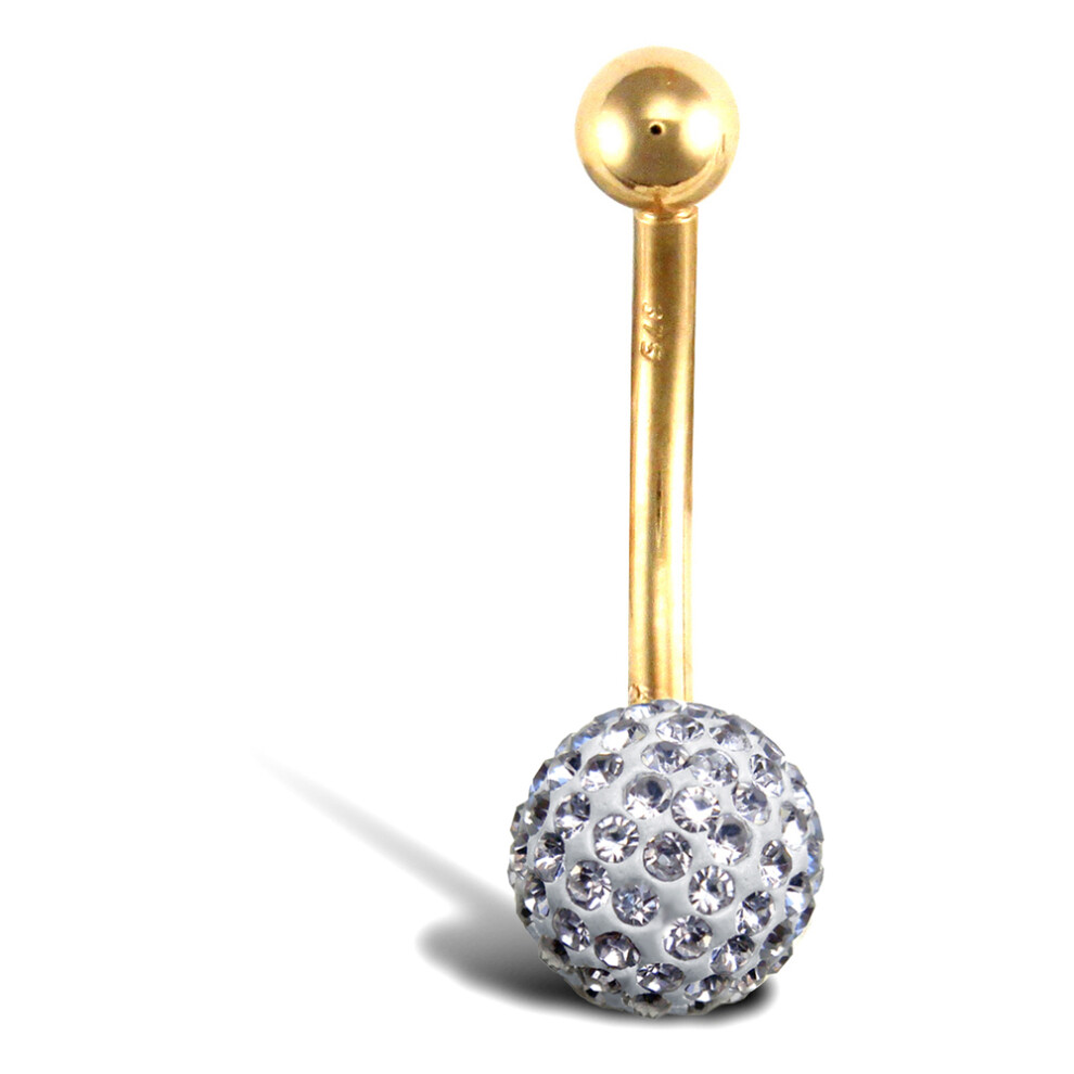 Jewelco London 9ct Yellow Gold Round Crystal 8mm Disco Ball Banana Belly Bar, 12mm - JBJ106-117