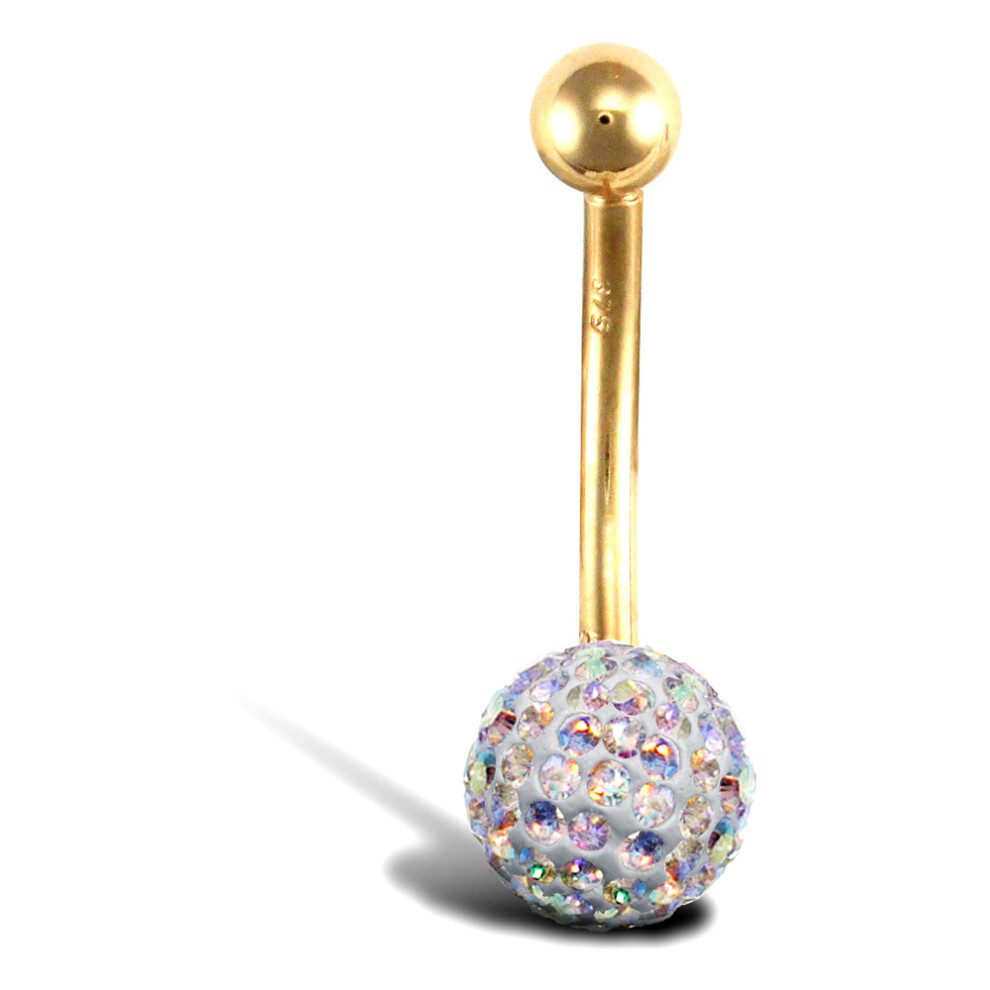 Jewelco London 9ct Yellow Gold Round Crystal 8mm Disco Ball Banana Belly Bar, 12mm - JBJ106-117