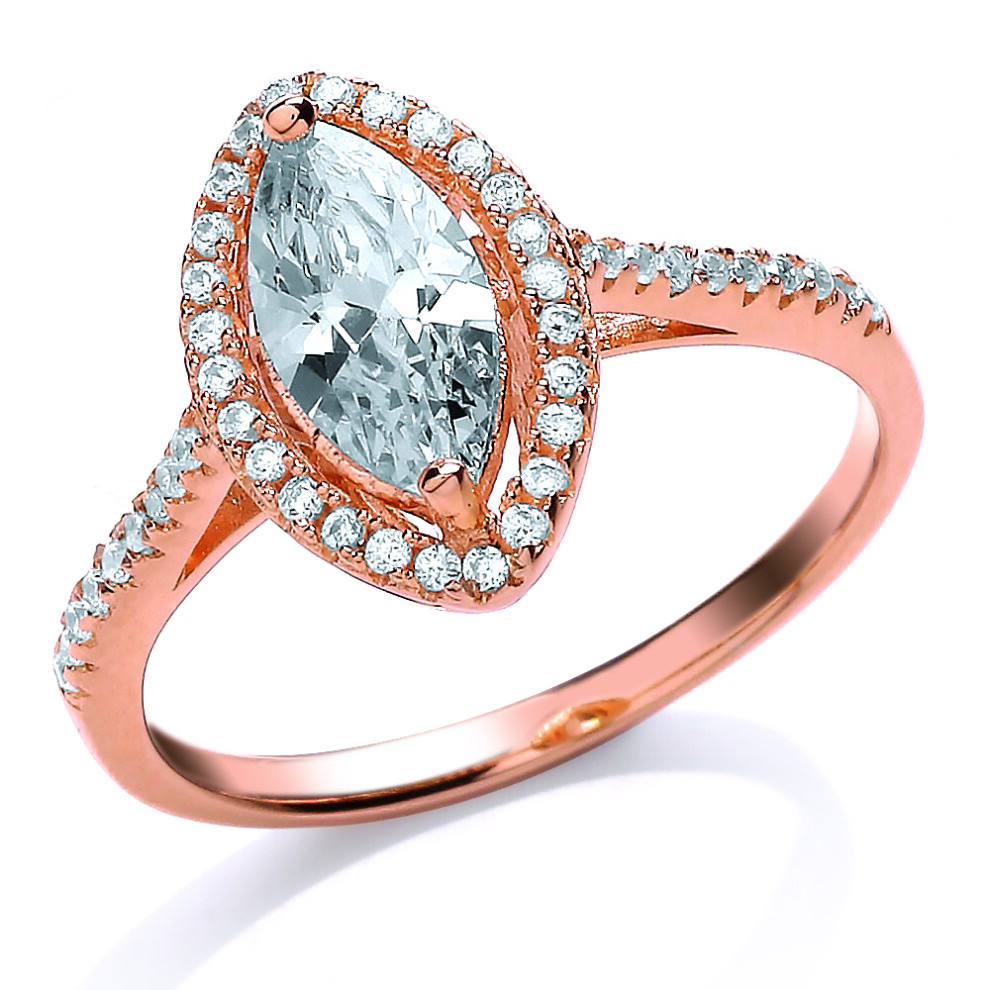 (O) Jewelco London Ladies Rose Gold-Plated Sterling Silver Marquise Cubic Zirconia Halo Engagement Ring