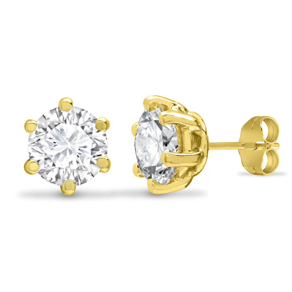 9ct Gold  CZ 6 Claw Solitaire Stud Earrings, 6mm - JES128