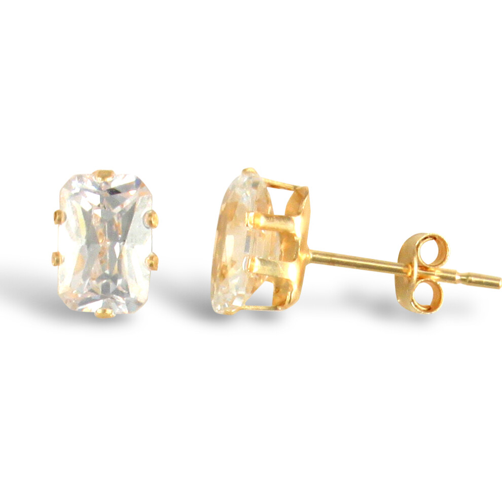 Jewelco London Ladies 9ct Yellow Gold Rectangular Emerald Cut Cubic Zirconia Claw Set Solitaire Stud Earrings, 6x4mm - JES198