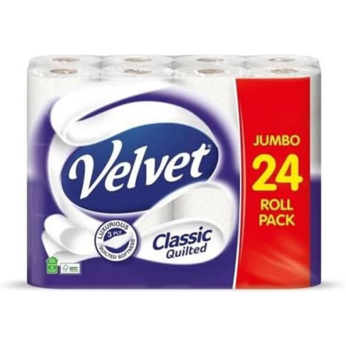 Velvet Velvet Classic Quilted Toilet Tissue 24 Rolls - Luxuriously Soft, Strong and Absorbent Toilet Roll - Jumbo Bulk Pack 24 Rolls - 3-ply - White