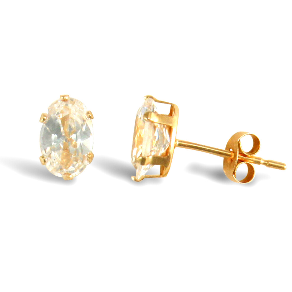 Jewelco London Ladies 9ct Yellow Gold White Oval Cubic Zirconia Claw Set Solitaire Stud Earrings, 6x4mm - JES200