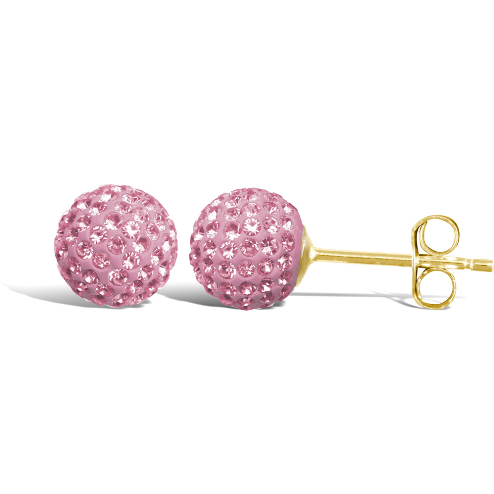 Jewelco London Ladies 9ct Yellow Gold Baby Pink Round Crystal Disco Ball Stud Earrings, 8mm - JES210