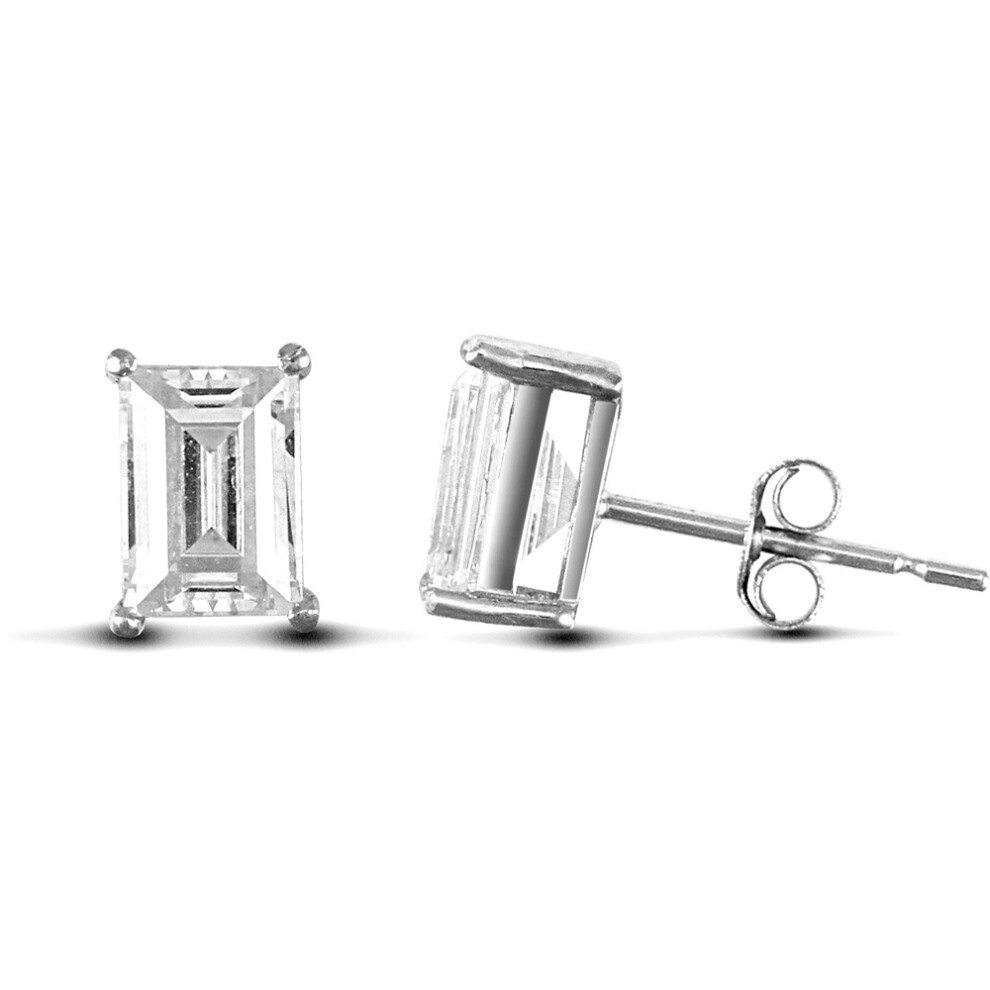 Jewelco London Solid 9ct White Gold White Emerald Cut Cubic Zirconia 4 Claw Solitaire Heavy Weight Stud Earrings, 7x5mm - JES132