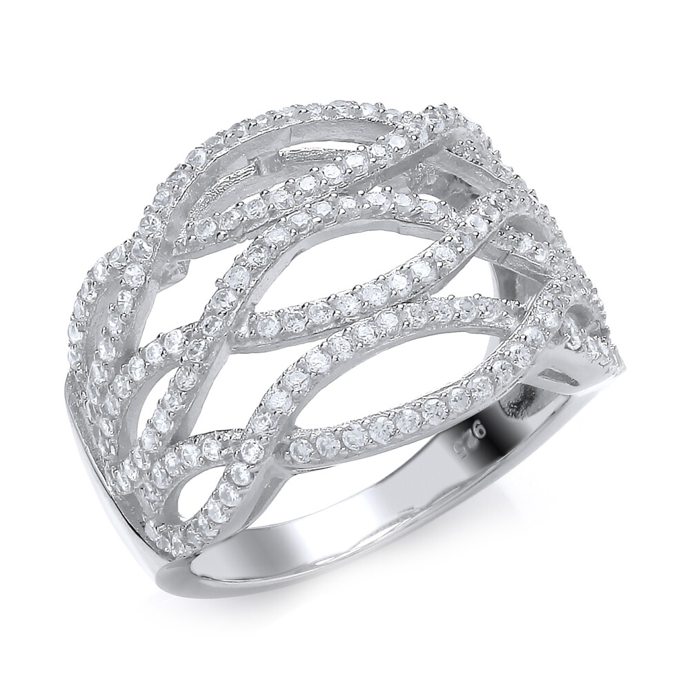 (Q) Jewelco London Rhodium Plated Sterling Silver Cubic Zirconia Fancy Crossover Eternity Ring