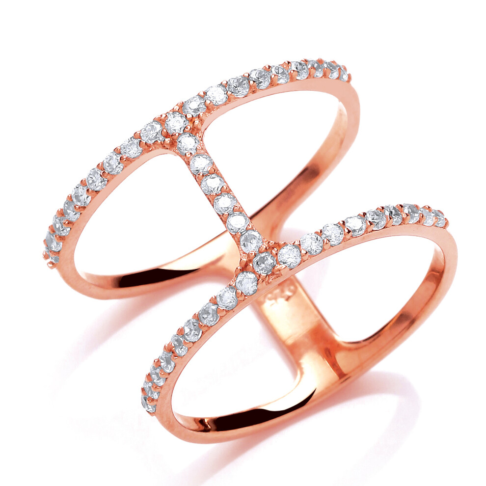 (M) Jewelco London Rose Gold-Plated Sterling Silver Cubic Zirconia Double Bar Ring