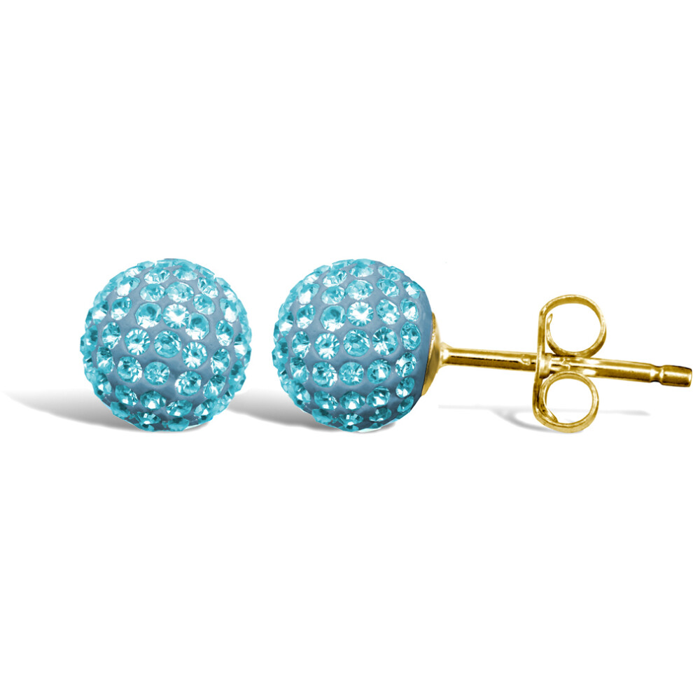 Jewelco London Ladies 9ct Yellow Gold Aqua Blue Round Crystal Disco Ball Stud Earrings, 8mm - JES211
