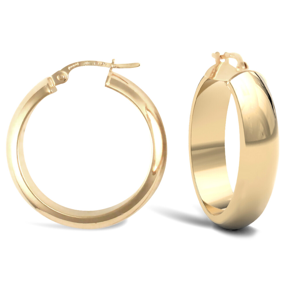Jewelco London Ladies 9ct Yellow Gold D-Shape Wedding Band Style 6mm Hoop Earrings 25mm - JER020