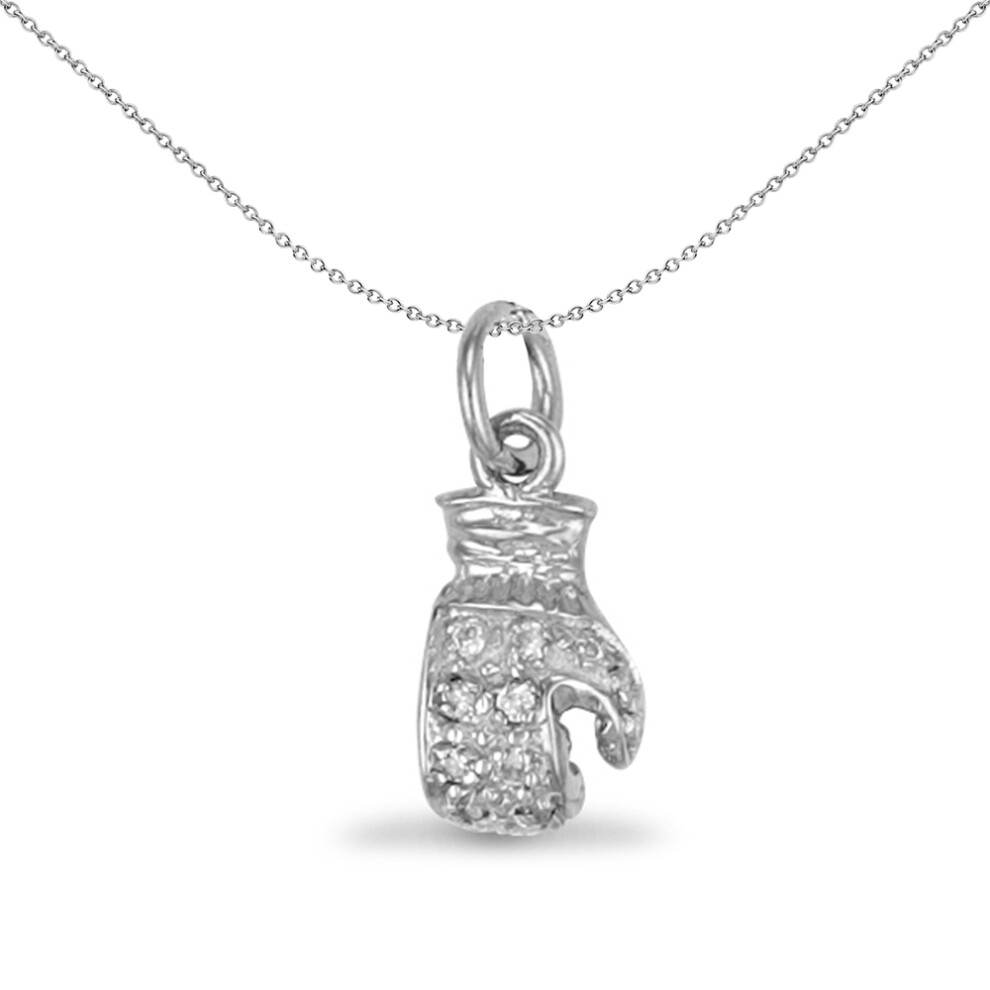 Jewelco London Mens Rhodium Plated Sterling Silver Round Cubic Zirconia Boxing Glove Pendant Necklace 26mm 18 inch - APD004
