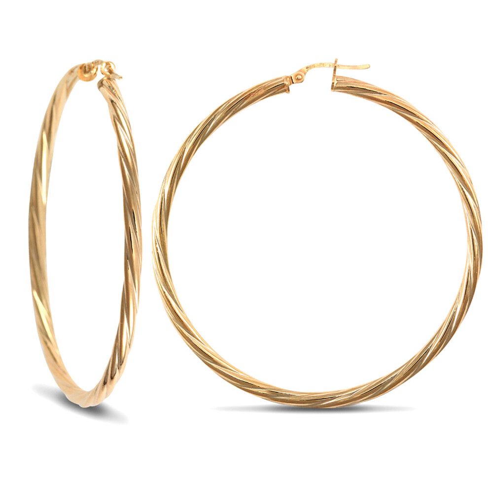 9ct Gold  Twisted 3mm Hoop Earrings 55mm - JER200