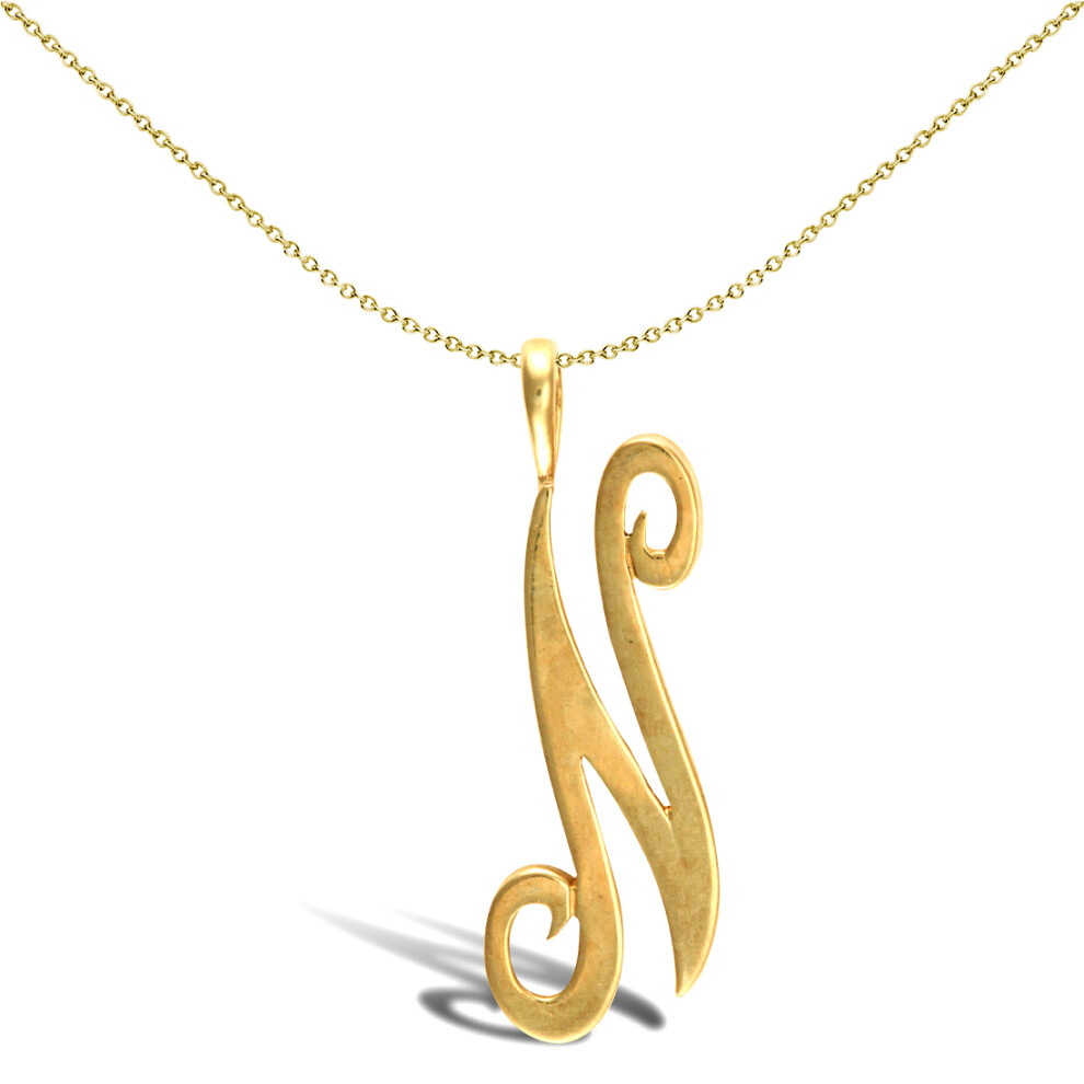 Jewelco London Solid 9ct Yellow Gold Script Identity Initial Pendant Letter N - JIN002-N