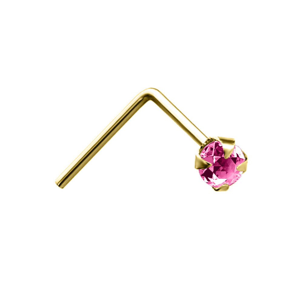 Jewelco London Ladies Solid 9ct Yellow Gold Pink Round Crystal Solitaire Claw Set Nose Stud 2mm - JNS052