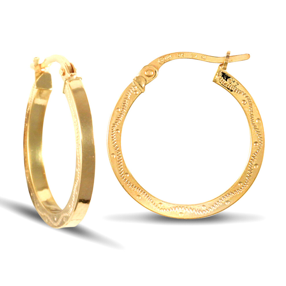 9ct Gold  Floral Engraved 2mm Hoop Earrings 18mm - JER144