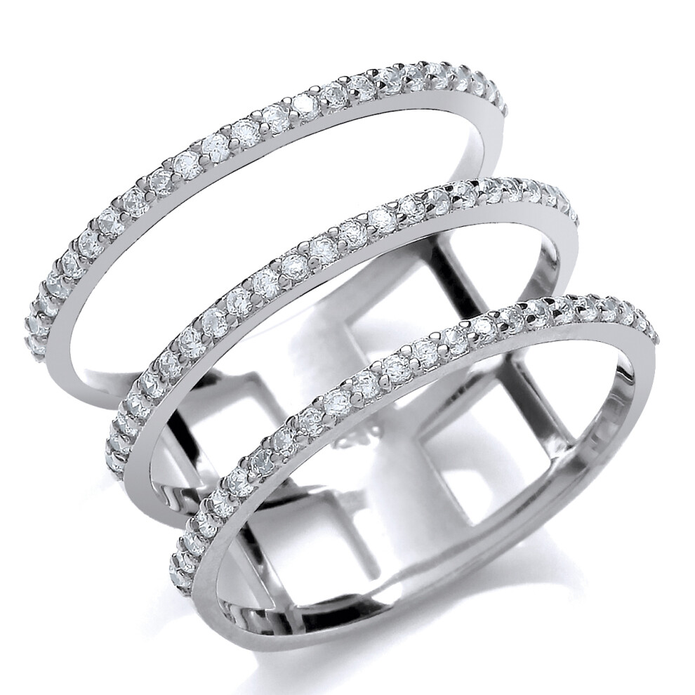 (M) Jewelco London Rhodium Plated Sterling Silver Cubic Zirconia Triple Bar Ring