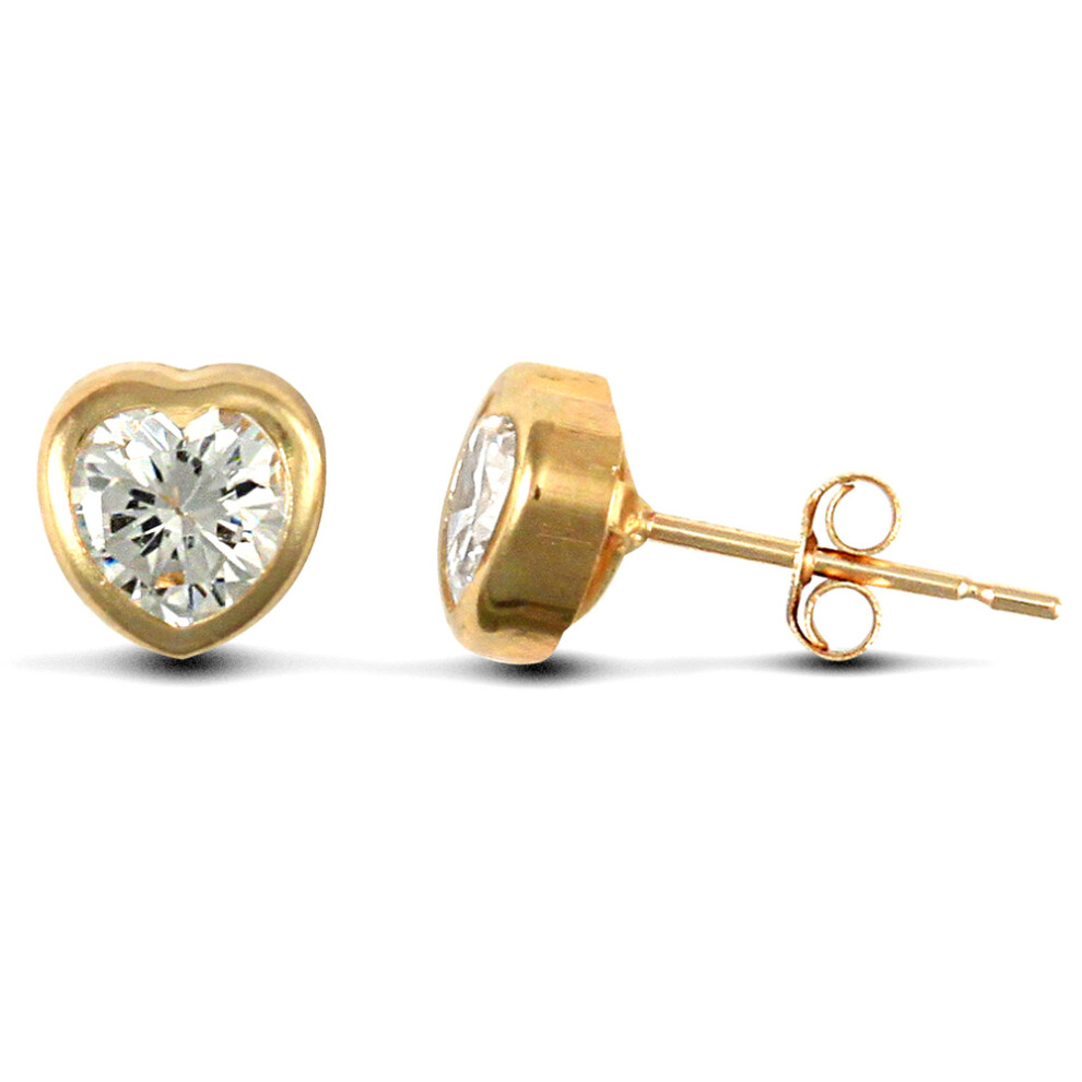 Jewelco London Ladies 9ct Yellow Gold White Heart Cubic Zirconia Rub Over Solitaire Love Heart Stud Earrings - JES107