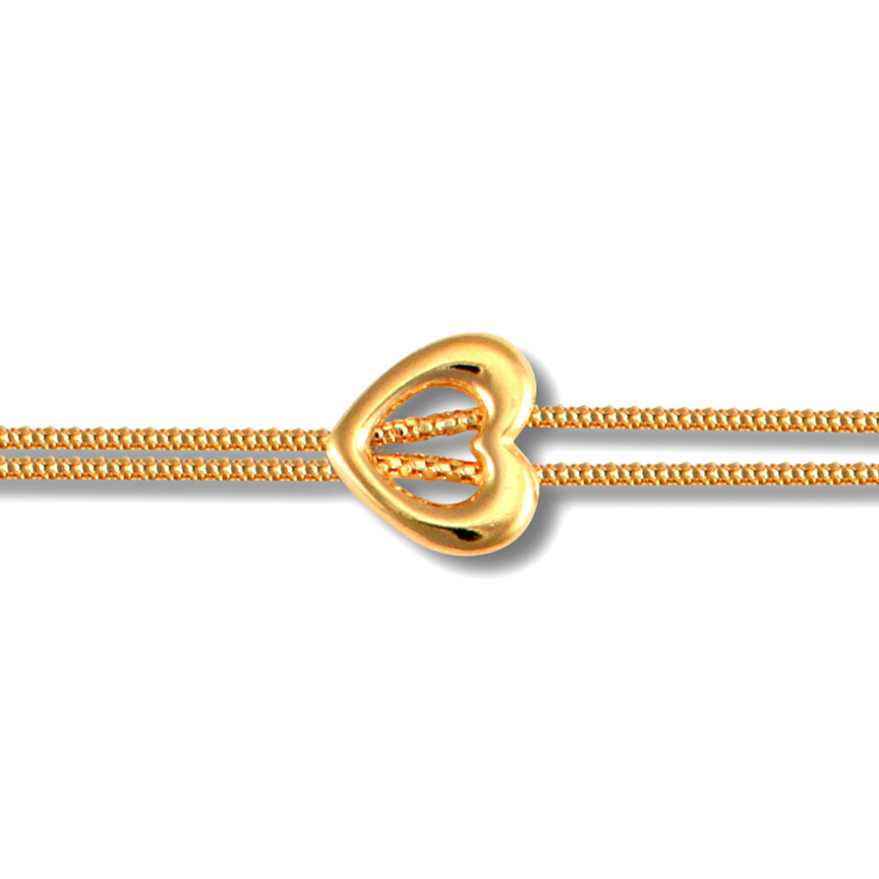 Jewelco London Ladies 9ct Yellow Gold Heart Charm Double 1.3mm Gauge Bracelet - JBB322