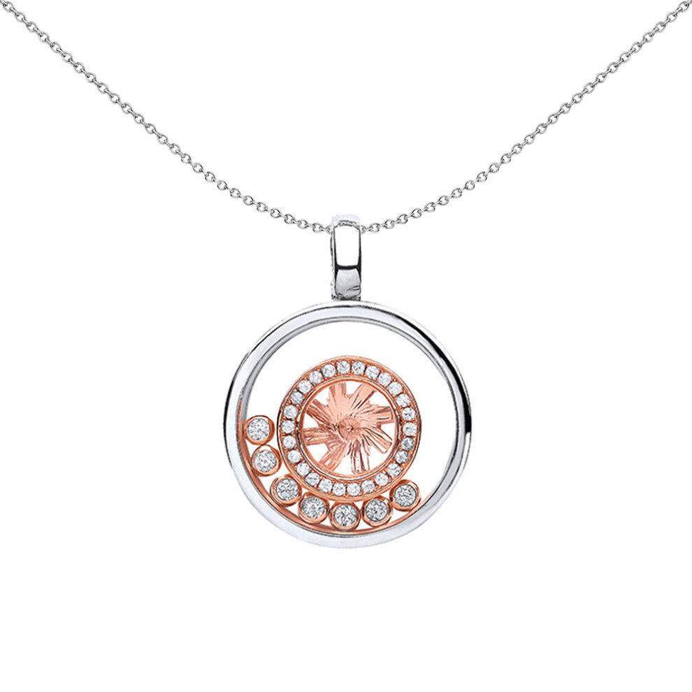 Jewelco London Rhodium & Rose Gold-Plated Sterling Silver CZ Floating Stone Alloy Wheel Pendant Necklace 18 inch - GVP339