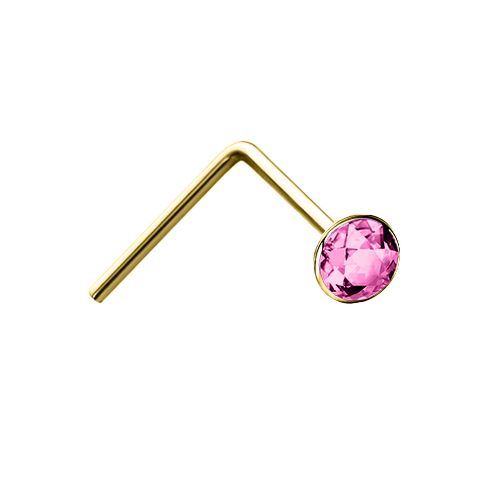 Jewelco London Ladies Solid 9ct Yellow Gold Pink Round Crystal Solitaire Nose Stud 2mm - JNS057