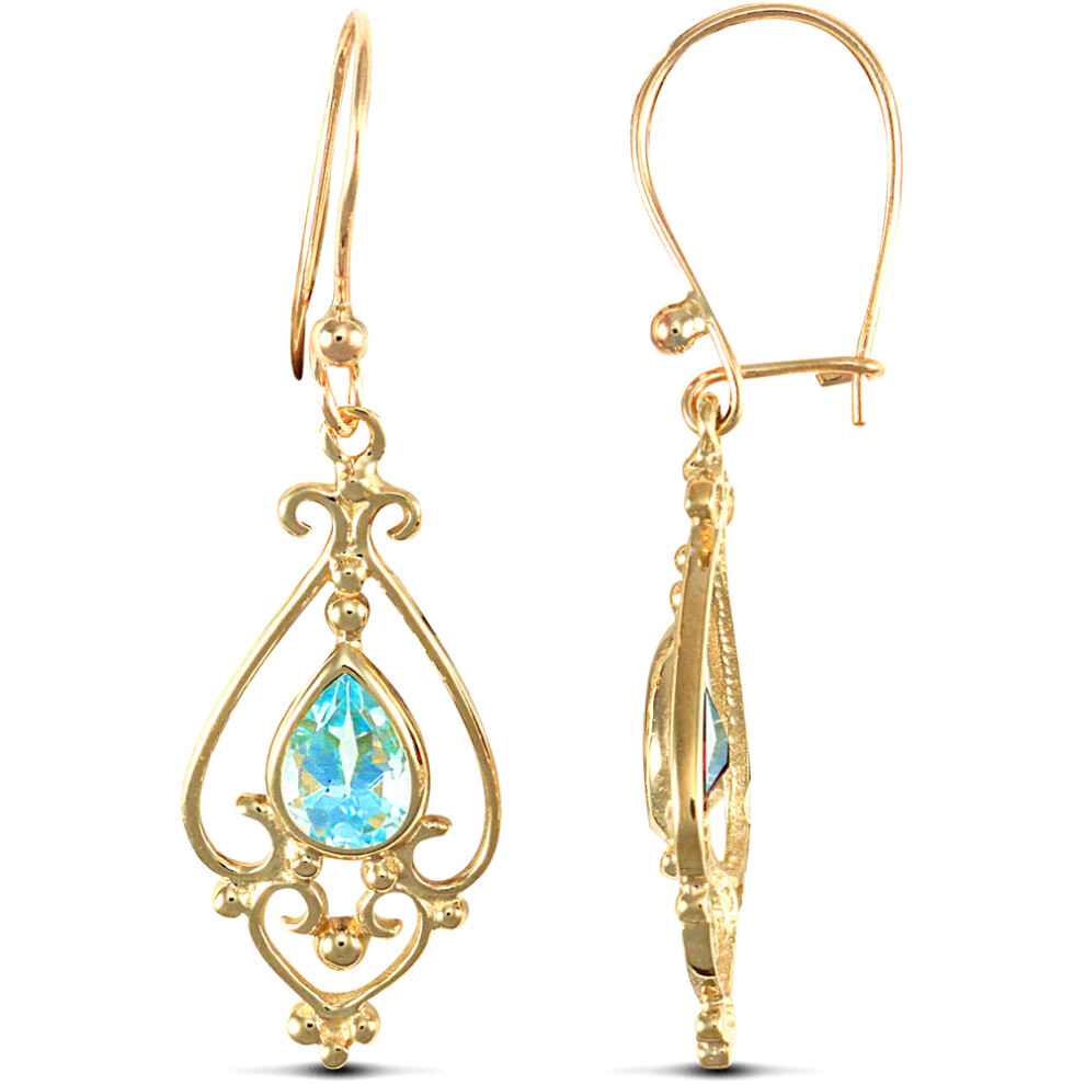 Jewelco London Ladies 9ct Yellow Gold Light Blue Pear Topaz Tears of Joy Chandelier Drop Earrings - JES120