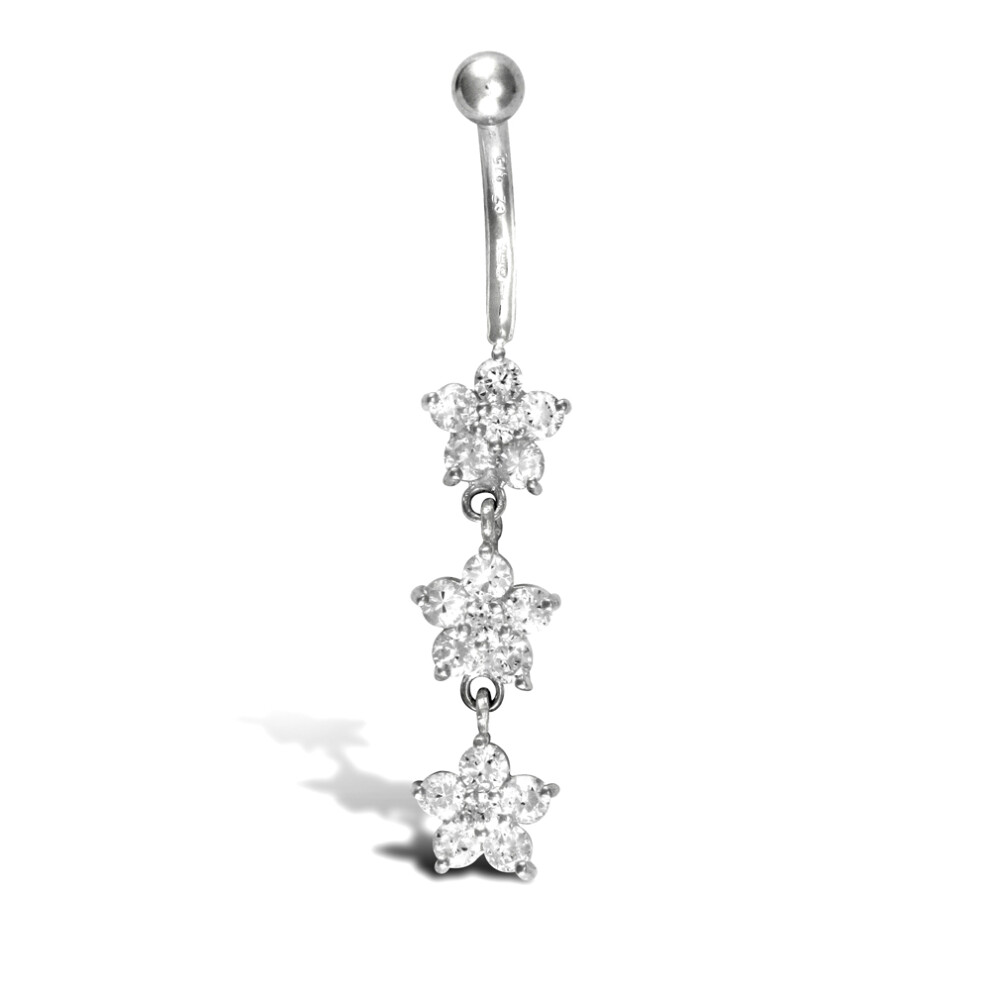 Jewelco London Ladies 9ct White Gold White Round Brilliant Cubic Zirconia Flower Trilogy Dropper Banana Belly Bar, 10mm - JBJ105