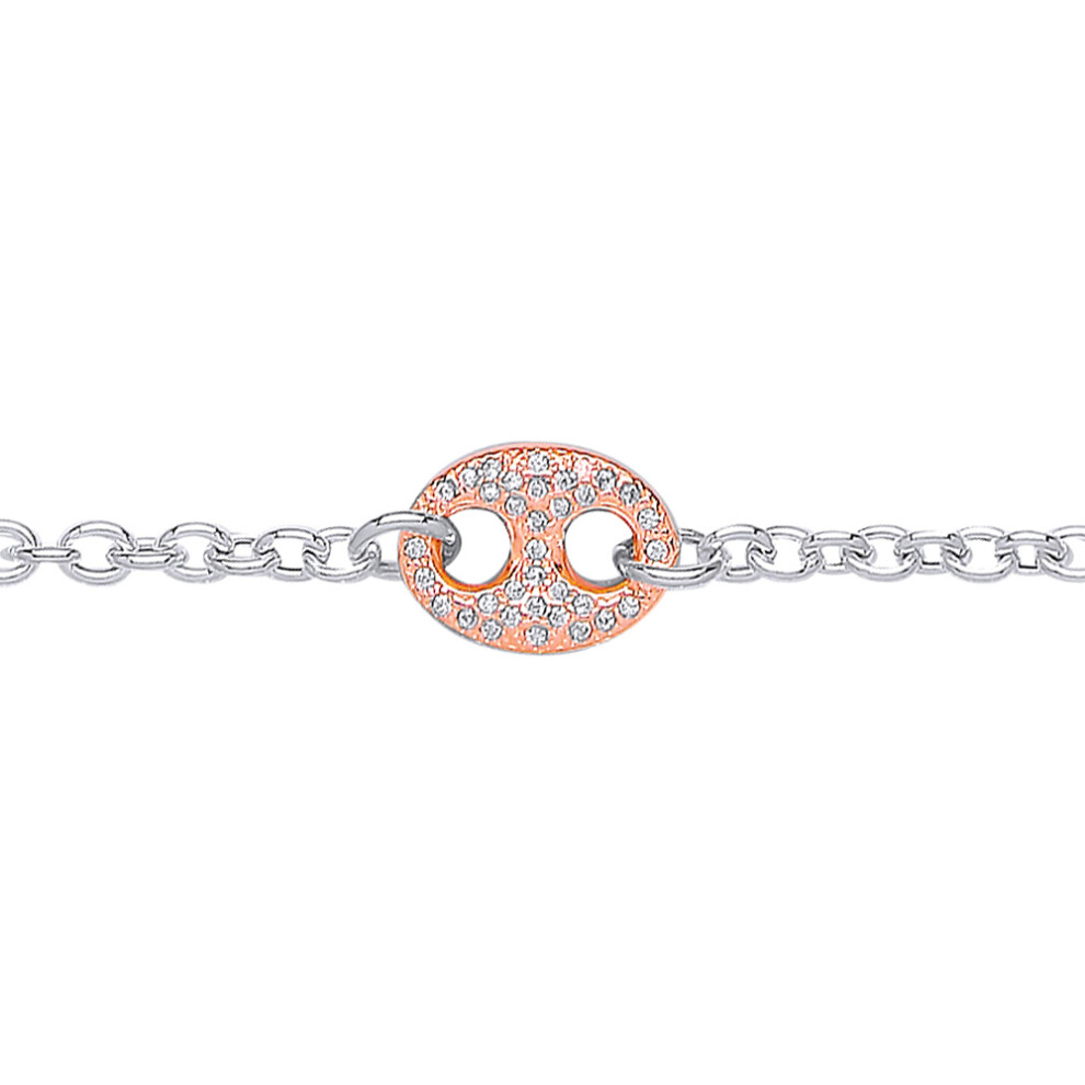 Jewelco London White and Rose Gold-Plated Sterling Silver Cubic Zirconia Belcher Cocoa Bean Charm Bracelet - BRC146
