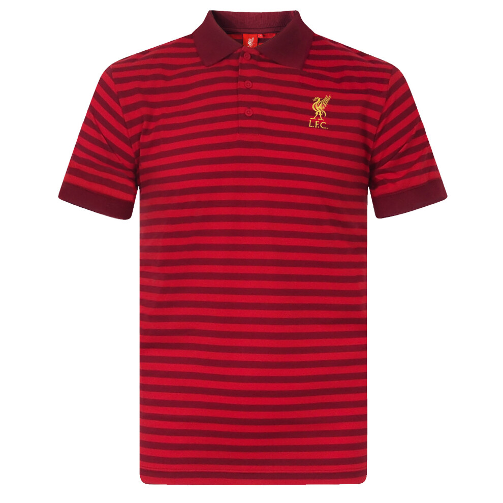 (Red, Medium) Liverpool FC Official Football Gift Mens Yarn Dye Marl Striped Polo Shirt