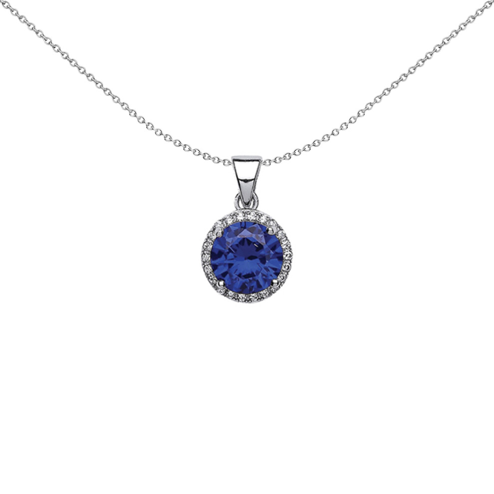 Jewelco London Ladies Sterling Silver Sapphire-Blue Cubic Zirconia Halo Pendant Necklace 18 inch - GVP321