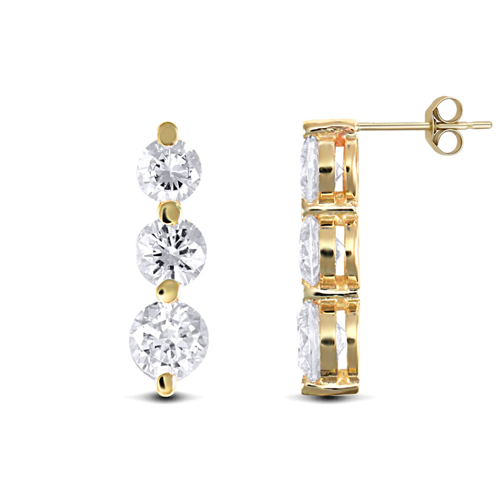 Jewelco London Ladies Solid 9ct Yellow Gold White Round Brilliant Cubic Zirconia 3 Stone Trilogy Stud Drop Earrings, 4-5mm - JES191
