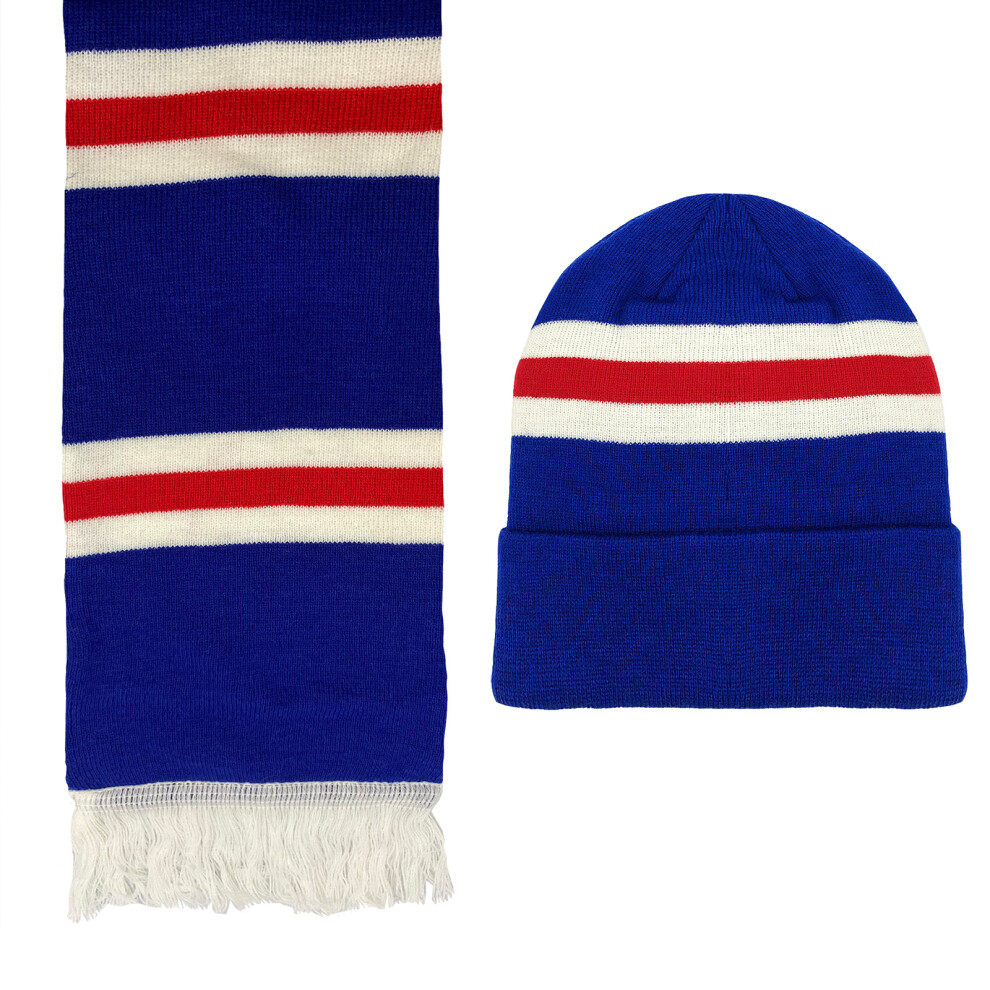 (Blue Beanie) Fan Originals Rangers Hat & Scarf Set Retro Football Gift