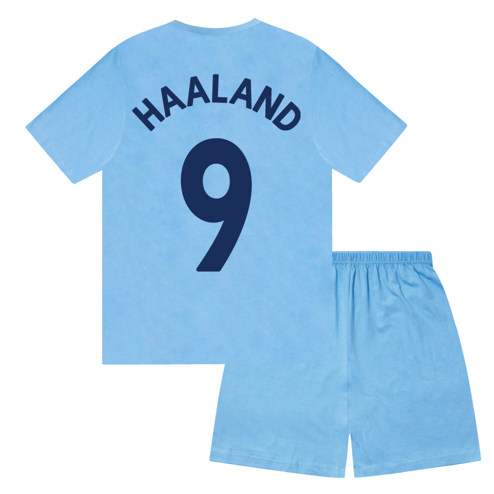 (Navy Blue Haaland 9, 8-9 Years) Manchester City Boys Pyjamas Short Kids OFFICIAL Football Gift