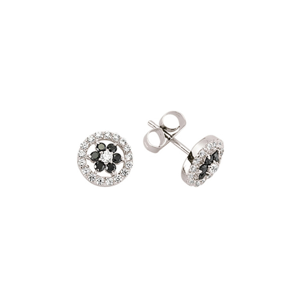 Jewelco London Ladies Sterling Silver Black Cubic Zirconia Daisy Halo Stud Earrings - GVE367BLK