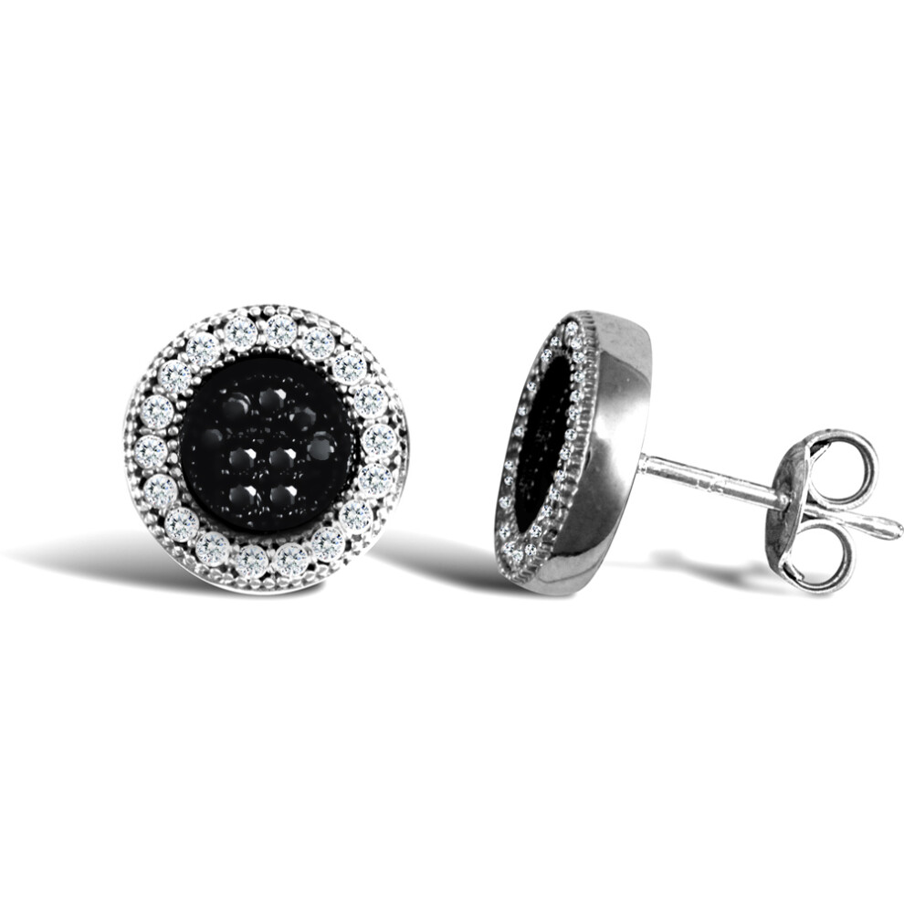 Jewelco London Ladies 9ct White Gold Black and White Round Brilliant Cubic Zirconia Circle Disc Stud Earrings - JES333