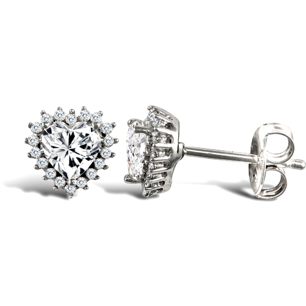 Jewelco London Ladies 9ct White Gold White Round Brilliant Cubic Zirconia Love Heart Cluster Stud Earrings - JES336