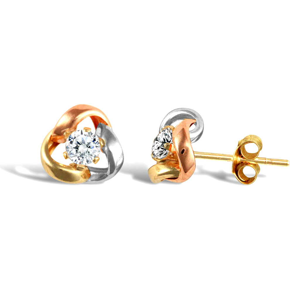 Jewelco London Ladies 9ct Yellow White and Rose Gold White Round Brilliant Cubic Zirconia Love Knot Solitaire Stud Earrings - JES322
