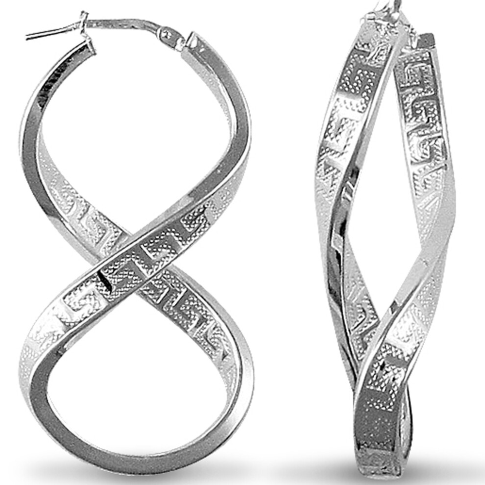 Jewelco London Rhodium Coated Sterling Silver Greek Key fig. of eight  Hoop Earrings - Ladies - AER030