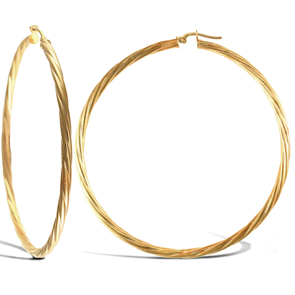 9ct Gold  Twisted 3mm Hoop Earrings 65mm - JER200A